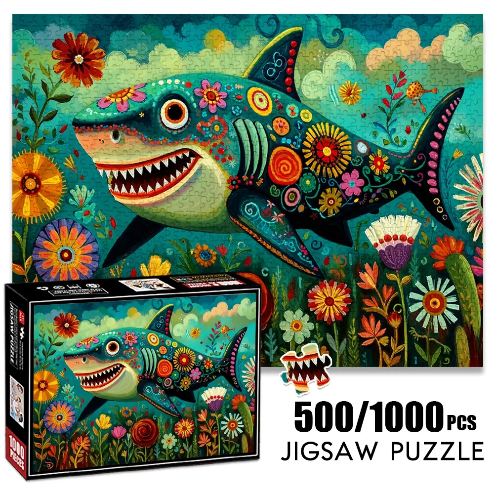 1pc 1000 piece adult Creative Puzzle 70x50cm Colorful Flower - Adorned Shark Artwork 500 pieces of paper jigsaw puzzle, Family Puzzle suitable for adults and families, large-scale DIY puzzle interactive toy games, birth, Art Puzzles Gift