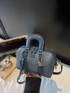 1pc Ladies' mini Boston carrying crossbody bag, casual denim style paired with leather trim for exquisite pendants, suitable for daily travel, dating, and gift giving as a must-have for ladies Crossbody Shoulder Bag