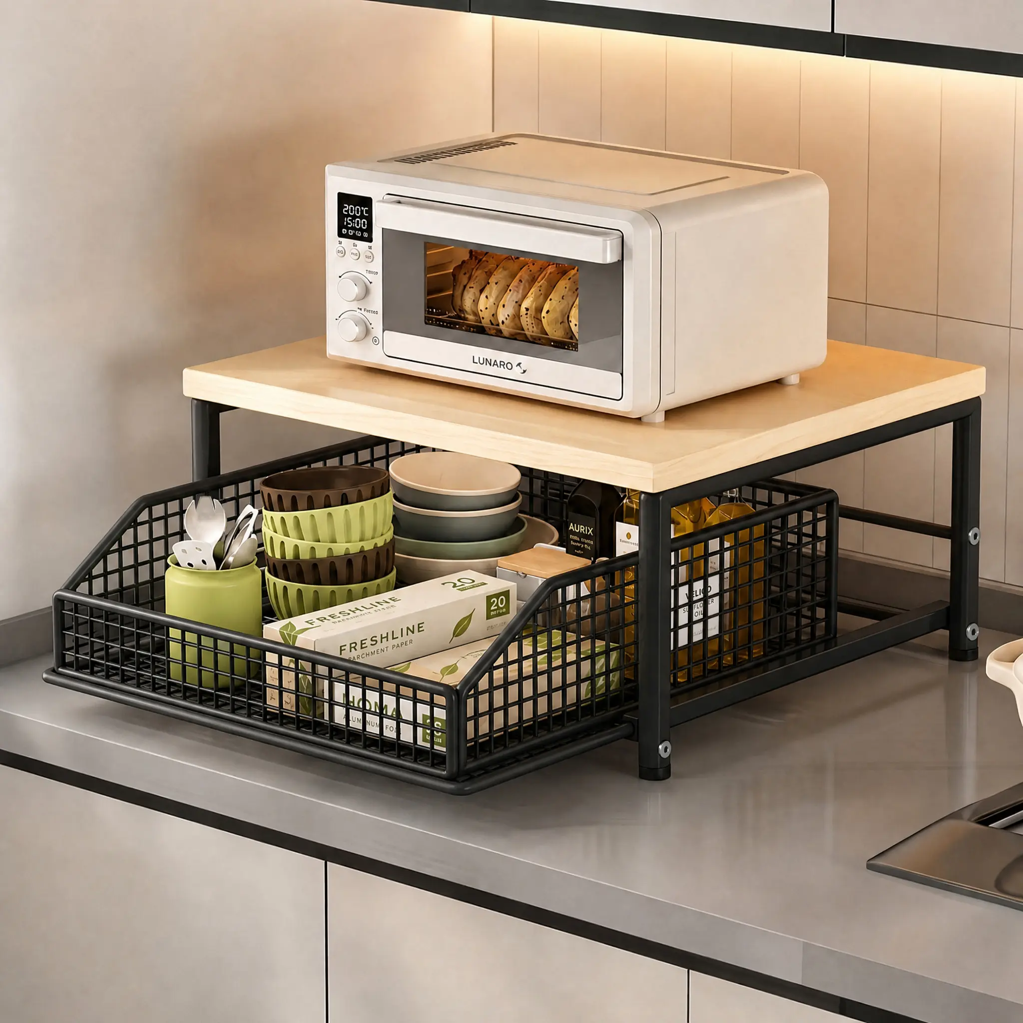 1Pc Microwave Stand with Storage, 2-Tier Pull-Out Drawer Kitchen Counter Organizer, Multipurpose Coffee Bar Table and Kitchen Stand for Microwaves and Coffee Makers in Kitchen, Coffee Bar and Office