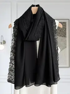 Pure Color Chiffon Floral Embroidery Hijab, New Large Scarf Headscarf Single Color Shawl Sunscreen Silk Scarf for Women