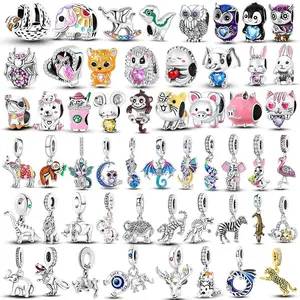 Owl Animals Charm 925 Silver Original Shine Zircon Lion Dragon Peacock Elk Zebra Charms Fit Bracelet DIY Jewelry Birthday Gift
