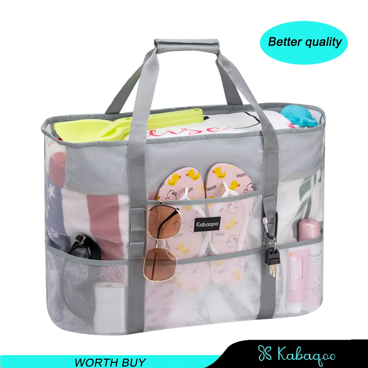 KABAQOO Premium Mesh Beach Tote Bag - Women's Multifunctional Hanging Travel Toiletry Bag, Extra Spacious with 9 Pockets, Zippered Waterproof, Adjustable Crossbody, Ideal for Beach & Pool Use