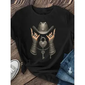 Women's Cowboy Graphic T-Shirt - Western Country Music Festival Tee - Maroon Shirt with Metallic Accents - Stretchy Casual Top for Everyday & Theme Parties - Machine Washable Round Neck Shirt