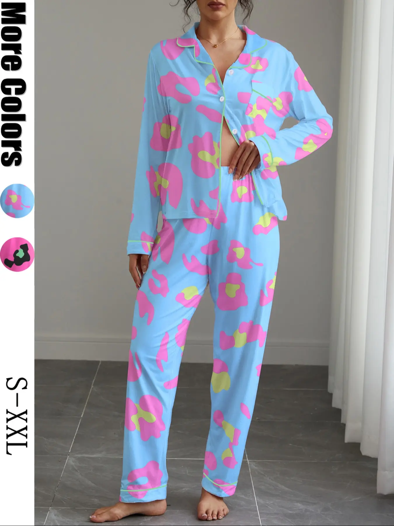 Women's Leopard Print Pajama Set Loungewear, Casual Fitted Long Sleeve Shirt & Elastic Pants, Soft Stretchy Fabric, Fall Winter Home Wear