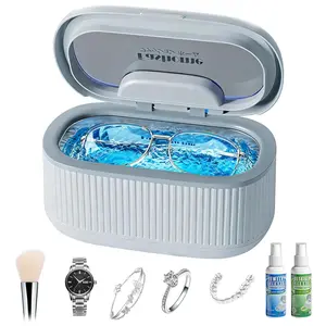 Ultrasonic eyeglass cleaning machine, containing 2×100 milliliters of cleaning solution, 45 kilohertz ultrasonic cleaner, suitable for glasses and straps, 550 milliliters stainless steel cleaning tank, 5 timing modes, 3 power levels, degassing mode - gray