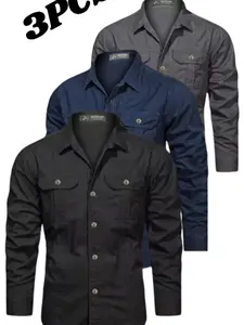 Men's Workwear 3-Piece Set Long Sleeve Shirts, Dual Chest Pockets Casual Outdoor Button-Up Uniforms, Multiple Colors Available