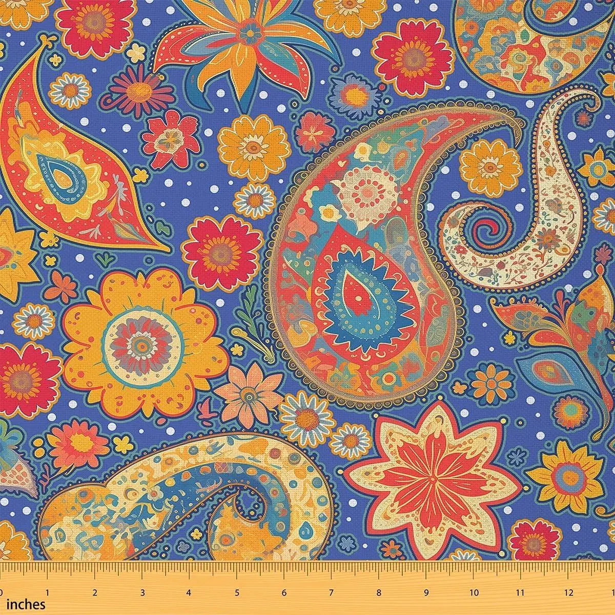 Paisley Fabric Boho Upholstery Fabric Chairs Vintage Floral Fabric Light Yelow Blue Soft Flannel