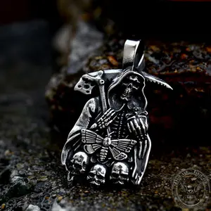 GTHIC Unisex Grim Reaper Moth Stainless Steel Skull Pendant Gothic Dark  Charms Jewelry For Biker Rider