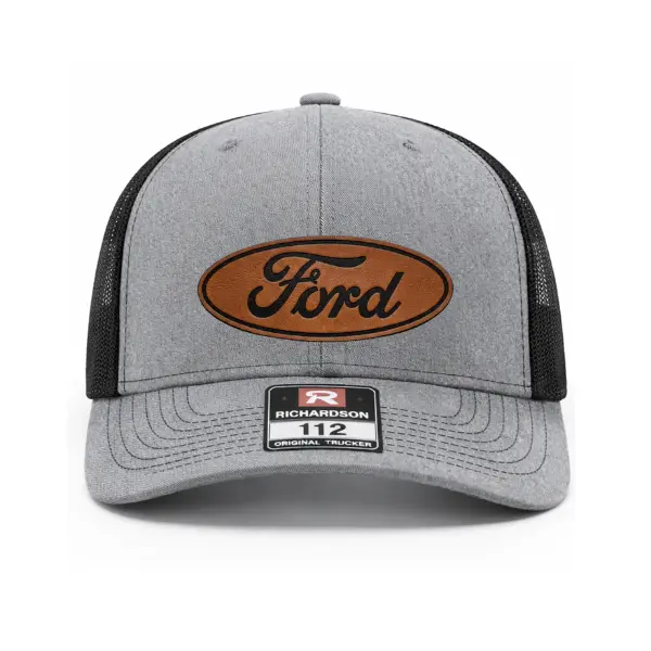 Ford Leather Patch Trucker Hat, Richardson 112 Snapback Cap, Ford Truck Hat, Leather Logo Mesh Back Cap, Adjustable Trucker Hat for Men, Vintage Mesh Snapback Cap for Men, Adjustable Mechanic Trucking Workwear Sun Protection Headwear