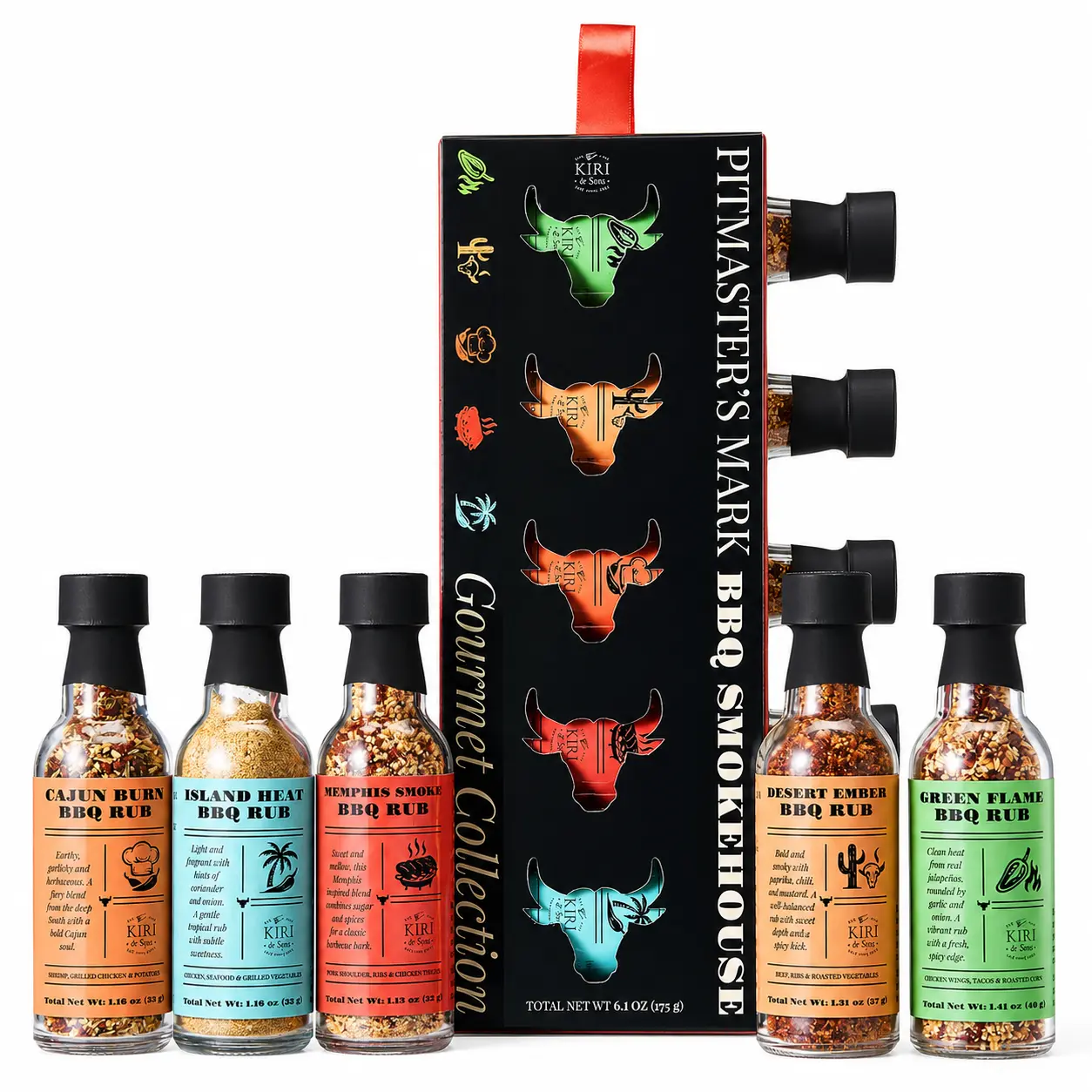 Smokehouse Pitmasters BBQ Rubs Gift Set – 5 Gourmet Seasoning Blends Including Cajun, Caribbean, Memphis, Southwest | Barbecue Spice Collection for Grilling & Smoking | Great Gift for Dads, Husbands