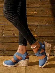 Women's Summer 2024 Fashion Classic Cross Strap Closed Toe Espadrille Wedge Sandals, Simple Plain Color & Leopard Print Decoration Strap, Elegant Sandals, Espadrilles Platform Sandals