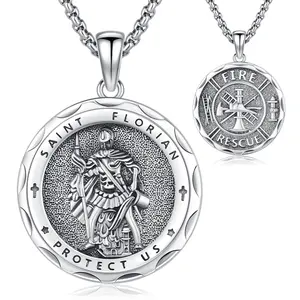 Thanches Saint Florian Necklace 925 Sterling Silver Medal Cross Religious Pendant Amulet for Men Women Accessory Firefighter Protection Jewelry Gift