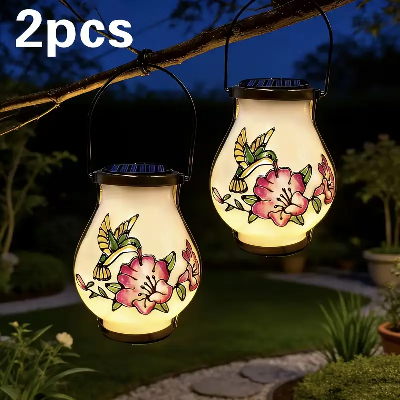 Two Piece Upgraded Solar Garden Light Outdoor Pendant Light, Hand-Painted Hummingbird Lantern, Sun Flame Light, Flashing Light, Suitable for Garden Lawn, Courtyard Corridor, Porch Decoration As A Birthday Gift Throughout The Yard