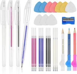 Fabric Markers Kit for Sewing & Quilting-10 Pcs Tailor’s Chalks, 4 Pcs Heat Erasable Pens with Refills and 3 Pcs Water Soluble Fabric Pencils, Sewing Accessories Supplies