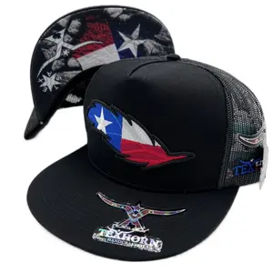 TEXAS FEATHER TEXHORN BLACK CAP with Texas Flag Design and Trucker Style Mesh Back