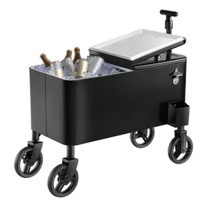 80 Qt Insulated Wheeled Cooler Cart with Ice Box, 2-Stage Telescopic Pull Handle, 2 Swivel Casters, PP Liner, Insulated Foam, Portable Table, Large Cap Compatibility for Beach Parties, Outdoor Use (Black)