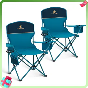 PHI VILLA  2 Pack Summer Camping Folding Chair with 3-Can Cooler Bag, Cup Holder,Storage Pocket, Supports 225LBS, Collapsible Chair for Camp, Beach, Picnic