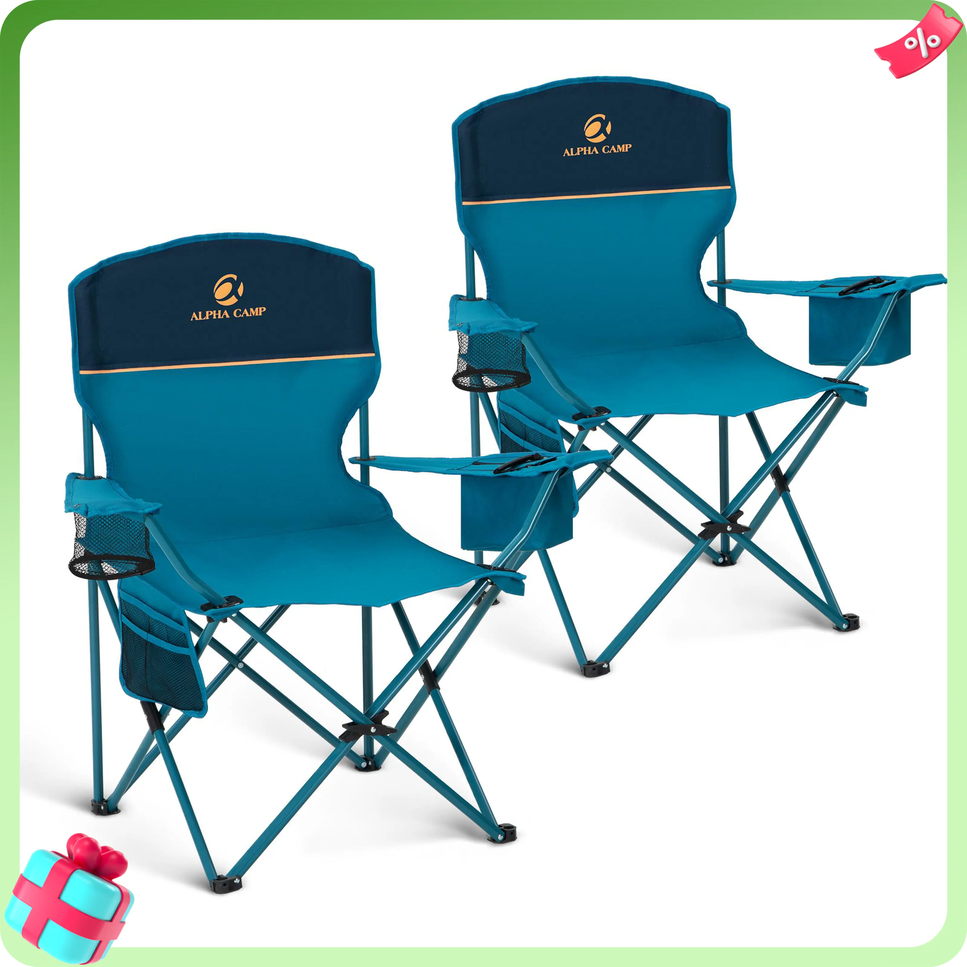 PHIVILLA 2 Pack Summer Camping Folding Chair with 3-Can Cooler Bag, Cup Holder,Storage Pocket, Supports 225LBS, Collapsible Chair for Camp, Beach, Picnic, DealsForYouDays