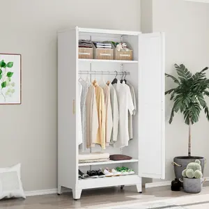 Metal Wardrobe Cabinet with Hanging Rod, 71" Metal Clothing Storage Cabinets with 2 Doors and Adjustable Shelves, White Armoire Wardrobe Closet for Bedroom, Laundry Room, Cloak Room mothersdaygift