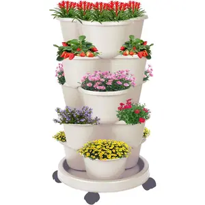 5-Tier Vertical Garden Tower Stackable Planter for Strawberries, Flowers, Vegetables & Herbs Beige