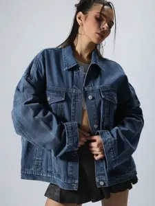 Women's Casual Elastic Vintage Washed Blue Denim Long Sleeve Jacket, Retro Style, Perfect for Spring & Fall, Ladies Fashion Outerwear