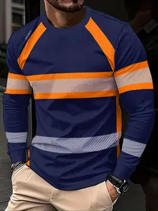 Trendy men's 3D color-blocked print patterned long-sleeved T-shirt, versatile crew neck pullover, streetwear, men's top.