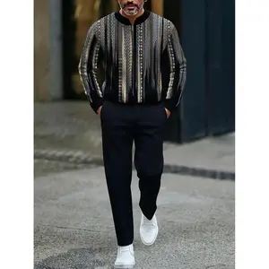 Fashionable men's two-piece new long sleeved shirt casual sports set, geometric pattern design versatile and comfortable fabric zipper long sleeved top and casual pants street style combination