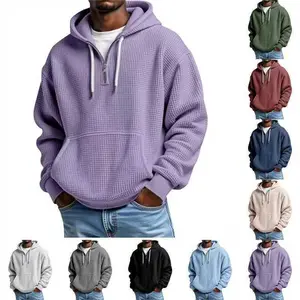 Waffle long-sleeve casual half-zip hooded sweater men's solid color loose sports and leisure pullover T-shirt