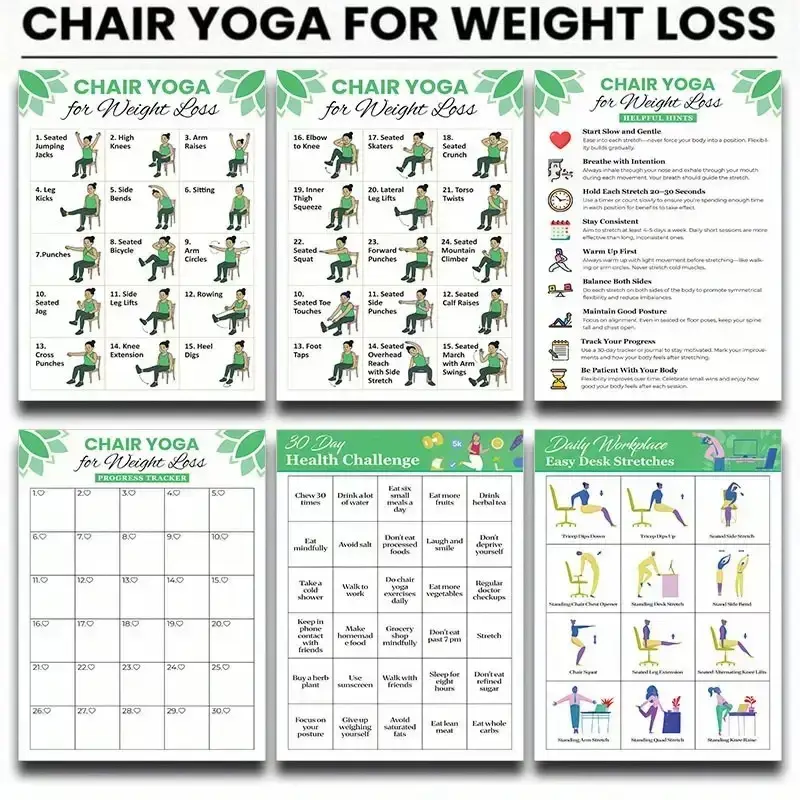 30-Day Fitness Weight Loss Challenge Calendar, Simple Exercise Plan, 6-Piece Chair Yoga Set, Gym & Home Use, Includes Workout Posters