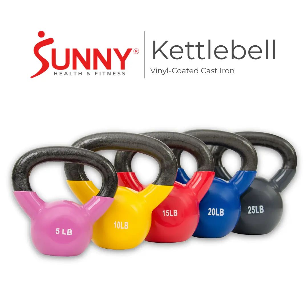 SUNNY Vinyl Coated Cast Iron Kettlebell 5 lbs to 25 lbs Smooth Wide Handle Flat Bottom Non Slip Grip Home Gym Fitness Workout Strength Training Weightlifting Full Body Exercise for Swings Squats Deadlifts Presses Lunges Core Training Conditioning