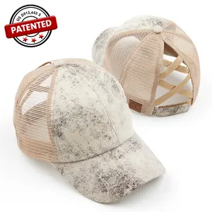 Beanie Trendify Criss-Cross Ponytail Cap with Soft Vintage Faux Leather Mesh - Fitted Baseball Style Hat for Daily Wear School Commute
