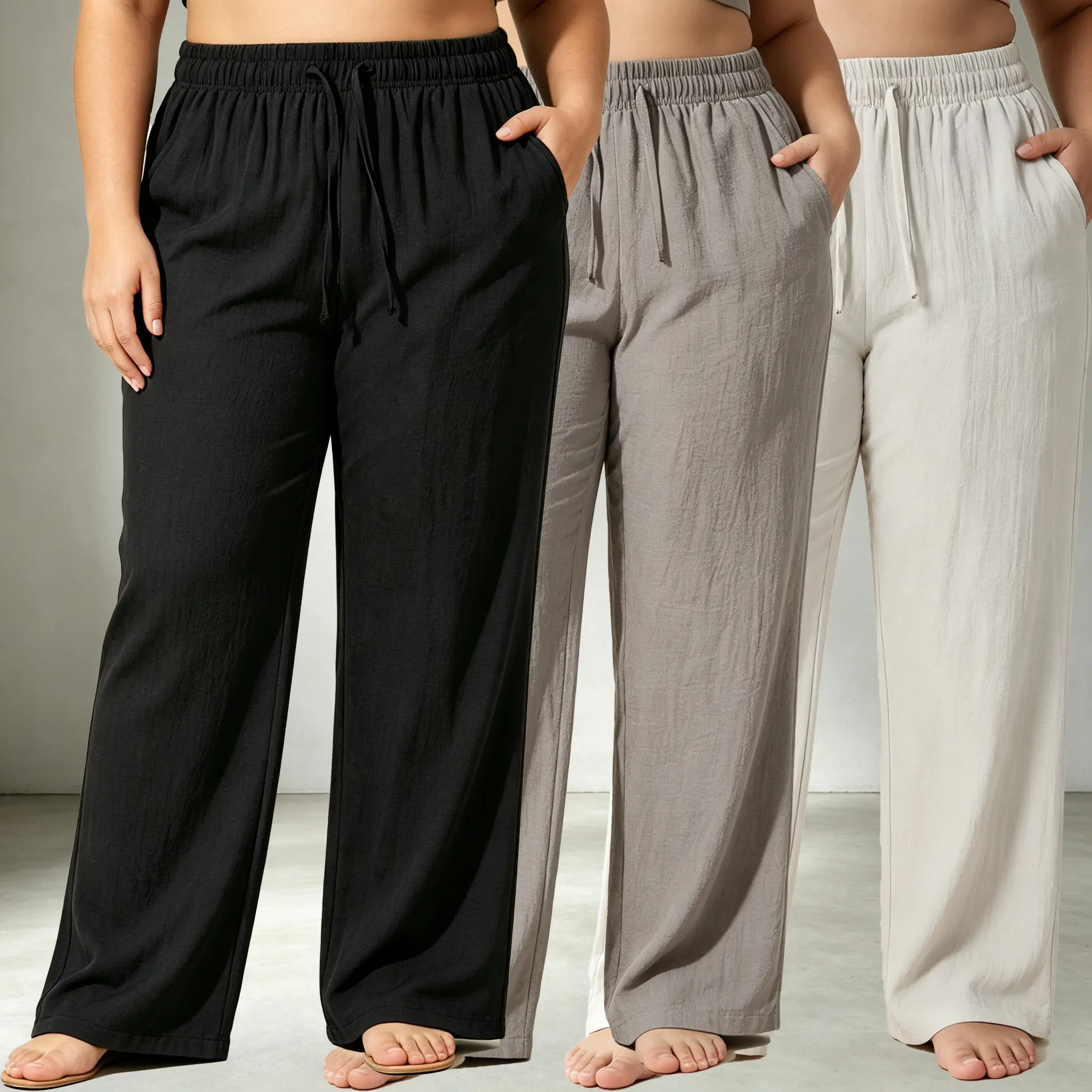 3-pack women’s drawstring joggers for fuller figures, featuring a ruched linen texture, high-stretch waistband, loose wide-leg fit, side pockets, breathable and lightweight—ideal summer casual beach sports pants.