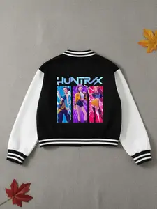 Girls Short Baseball Jacket Coat, Casual Jackets, Casual Sports School Uniform, Elastic Fabric, Trendy Kids Clothing, Fall & Winter Halloween Option
