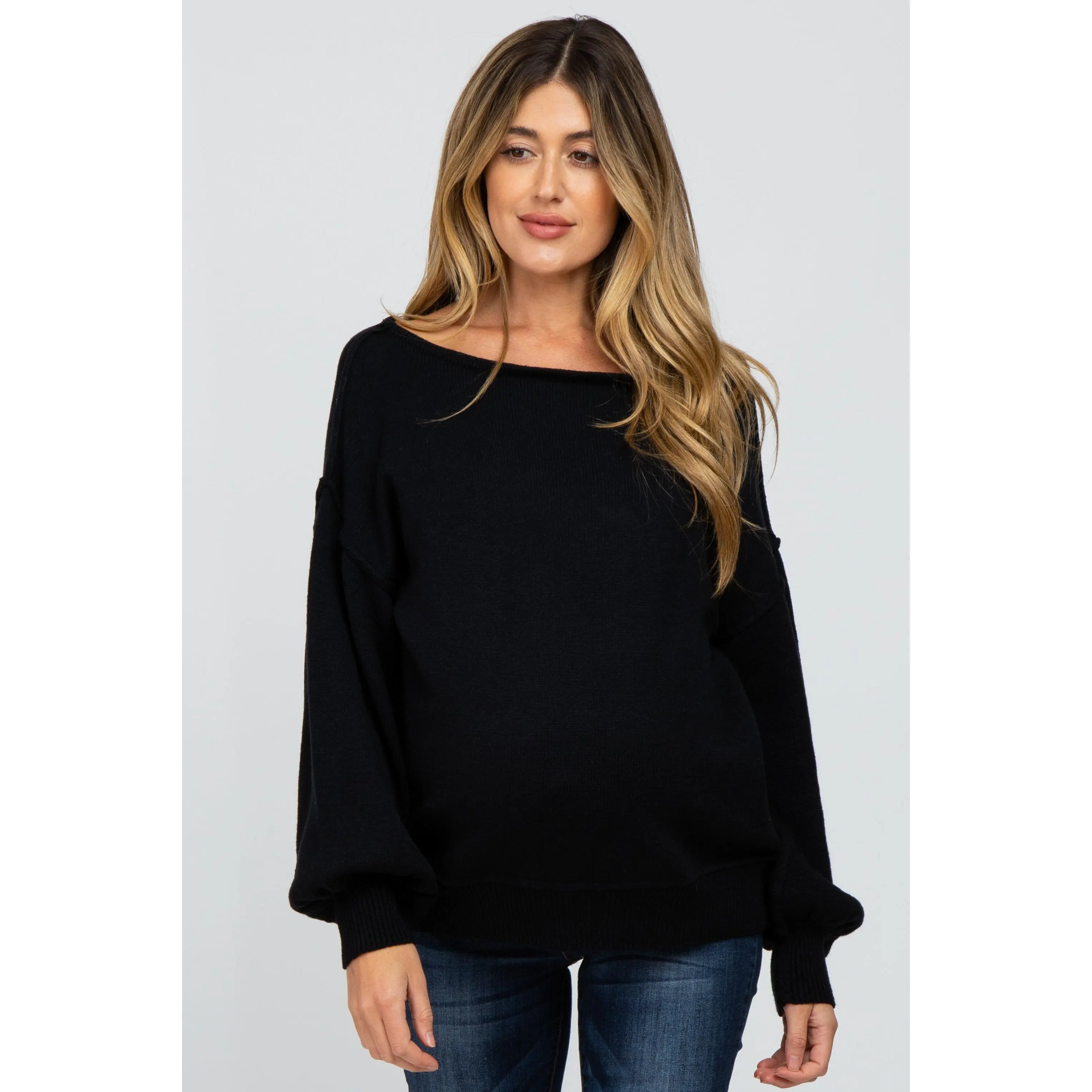 Ultra Soft Black Knit Maternity Sweater with a Boat Neck, Long Bubble Sleeves, and Exposed Seam Detailing, Maternity Apparel, Long Sleeve