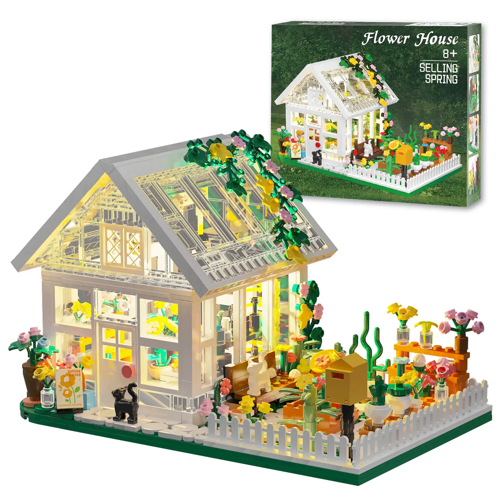 HEGOAI 758-Piece LED Lighting Plastic Bricks Mini Diorama Kit, Greenhouse Design City View Architecture Toy, Home Decoration, Halloween/Valentine's/Birthday Gift for 8-12 Year Old Girls
