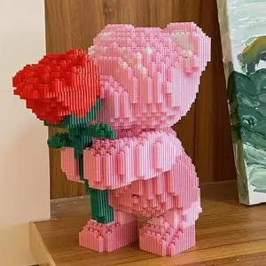 Romantic Rose Bear Building Block Set, Handheld Rose, Perfect Gift for Couples and Parents, High Assembly Difficulty