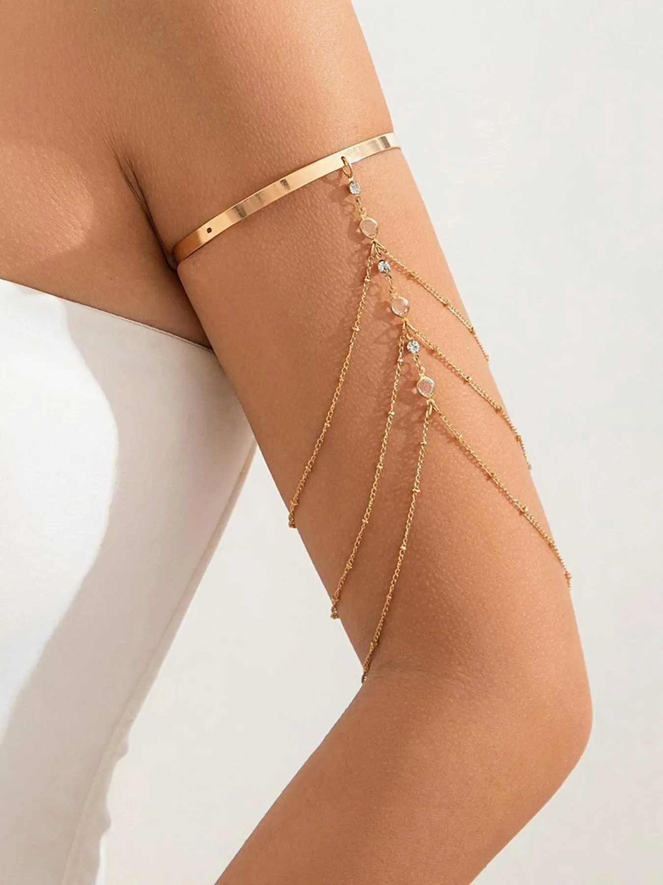 Fashionable Multi-Layer Rhinestone Chain Fringe Upper Arm Bracelet, Adjustable Crystal Bead Fringe Arm Ring, Summer Beach Women's Body Jewelry, Stainless Steel, Plated Precious Metal, Fashionable Accessory, Body Jewellery