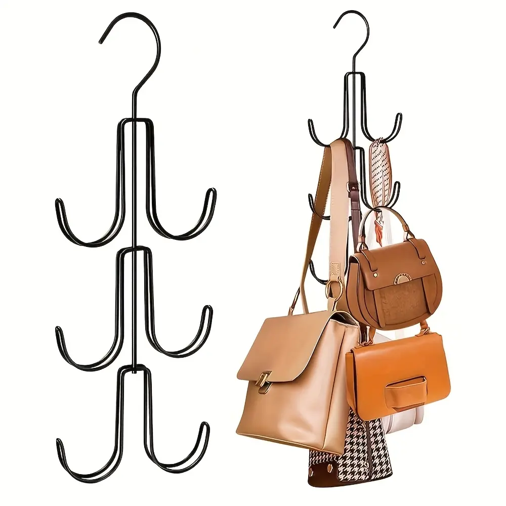 1 Pc Multi-Tier Bag Hanger,Purse Hanger,Heavy Duty,Rotatable,Space Saving,Handbags, Belts, Scarves,Multi-Hook,PurseStorage,SpaceSavingHacks,Closet Bag Storage Rack,(Black),Closet Organizer,Purse Hanger Organizer， Holder， Pursehook
