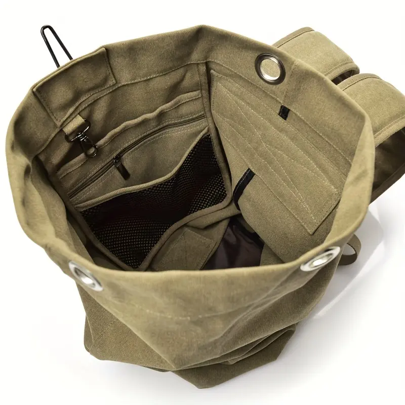 Men's Casual Canvas Travel Backpack for Male Adults, Large-Capacity Lightweight Foldable Rucksack with Secure Buttons Closure, Multiple Compartments, Adjustable Shoulder Strap for Hiking, Cycling; Hand Wash Only