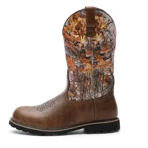 Western Camo Cowboy Boots for Men, Outdoor Work & Hunting, Durable Waterproof, Camo Pattern, Brown & Black, Comfortable Mid-Calf Walking Shoes Footwear