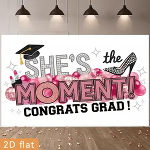 2D Flat, Party Banners 2D Flat Banner, 1pc Polyester Backdrop She's The Moment Graduation Sign Pink Glitter Congrats Grad Backdrop for Girls Graduation Party Supplies, for Party Decor Room, Home, Garden, Farm,