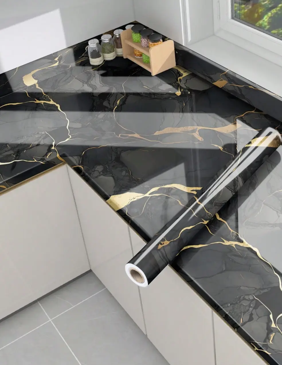 PVC Adhesive Marble Sticker Wallpaper - Geometric Glossy Surface, Oil-Proof, Waterproof, Detachable DIY, Withstands Spills and Stains, for Indoor Kitchen Countertop, Living Room Furniture Renovation (DIY Enthusiasts), Indoor Use