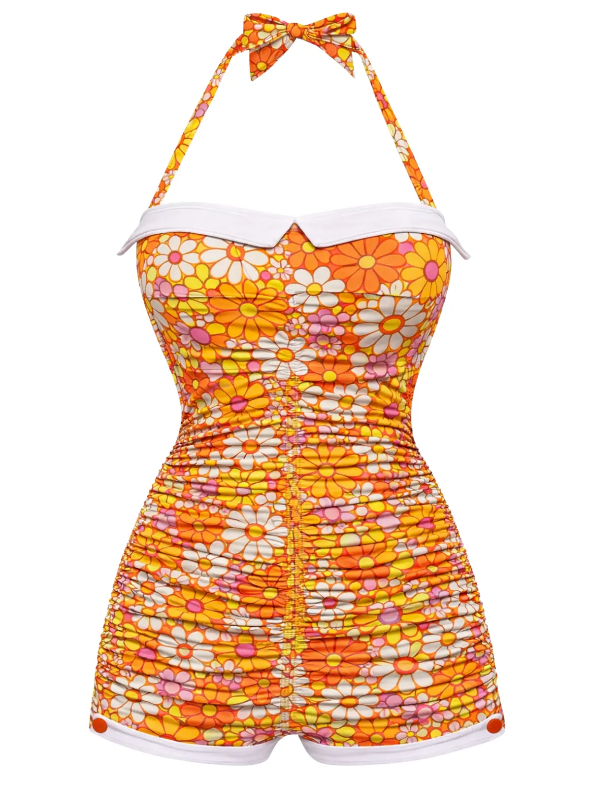 RETRO STAGE Women's Orange 1950s Gingham Halter Bowknot 1-Piece Swimsuit, Padded High Stretch Swimwear, Available in Yellow, Red, Blue, Green, Black, Light Green, One Piece Swimsuit BackToSchool