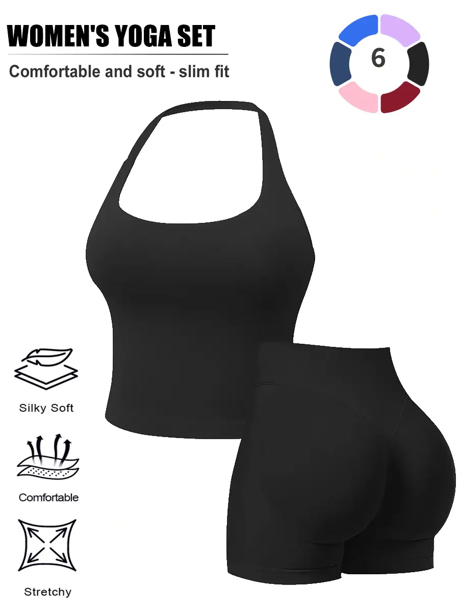 Women Solid Halter 2 Piece Outfit, High Waist Shorts Sports Set, Breathable Quick Dry Activewear for Yoga Gym Summer top