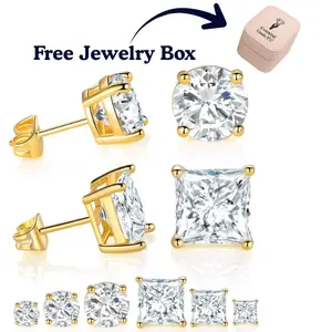 6-Pair Luxury Earrings Set (Looks Like Real Diamonds) + Free Gift Box  Gold Plated Cubic Zirconia Earrings With Free Jewelry Box Pack 6 Pairs for Men & Women Round & Princess Cut Unisex Fashion Jewelry Gift 4mm 6mm 8mm Sizes with Free Jewelry Box