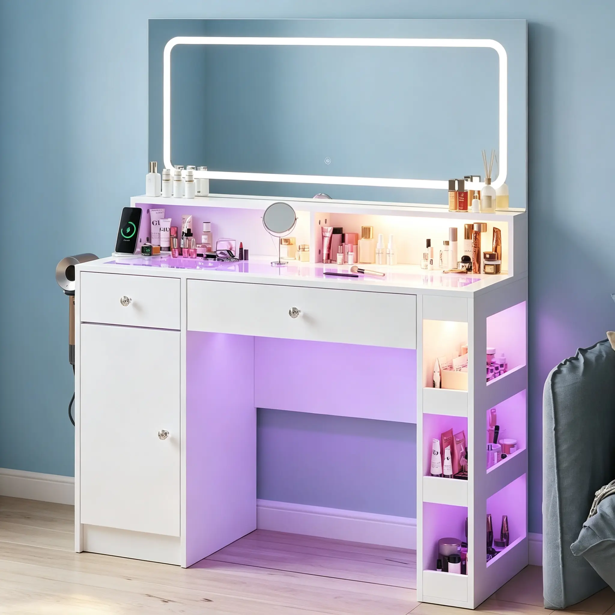 CollaredEagle Vanity Desk Makeup Station Vanity Set Chair White LED Lighted Makeup Vanity Table Rotating Mirror Vanity with Storage Modern Glass Top Vanity Power Outlet Adjustable Brightness