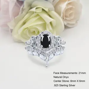 Two Piece Set Chevron 1.21 Carat Natural Black Onyx Ring Bridal Band Wedding Oval Shape 925 Sterling Silver 21mm