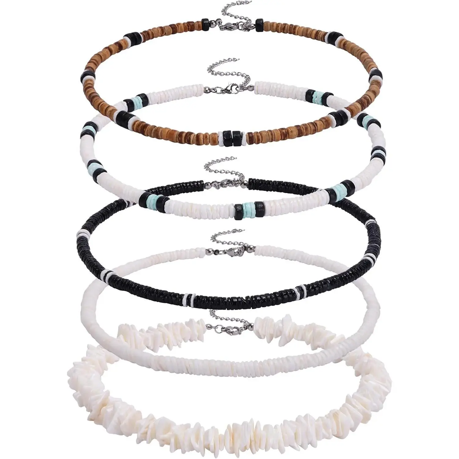 Men's 5-Piece Hypoallergenic Puka Shell Necklace Set - High Quality Adjustable Coconut Beads, Smooth White Surfer Jewelry, Boho Coastal Beach Charm Necklaces, Colorful Articulated Set for Him, Boho Necklaces