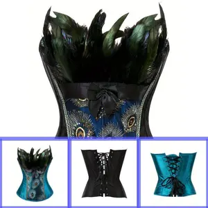 ElegantPeacockOverbustCorsetTopforWomen-VintageStyleLace-UpBustierwithDetail,DeepBlueSatin&Polyester,BurlesqueHalloweenCostume,Non-StretchFabricCanbepairedwithwomen'swindbreakersandraincoats