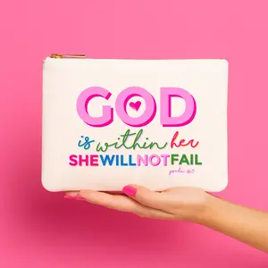 Bravely Rooted God is Within Her Christian Makeup Canvas Pouch Faith Based Gift Easter Basket or Christian Birthday Gift Soft Pink Stripe Durable Water Resistant Fabric 9x7x3 Inches